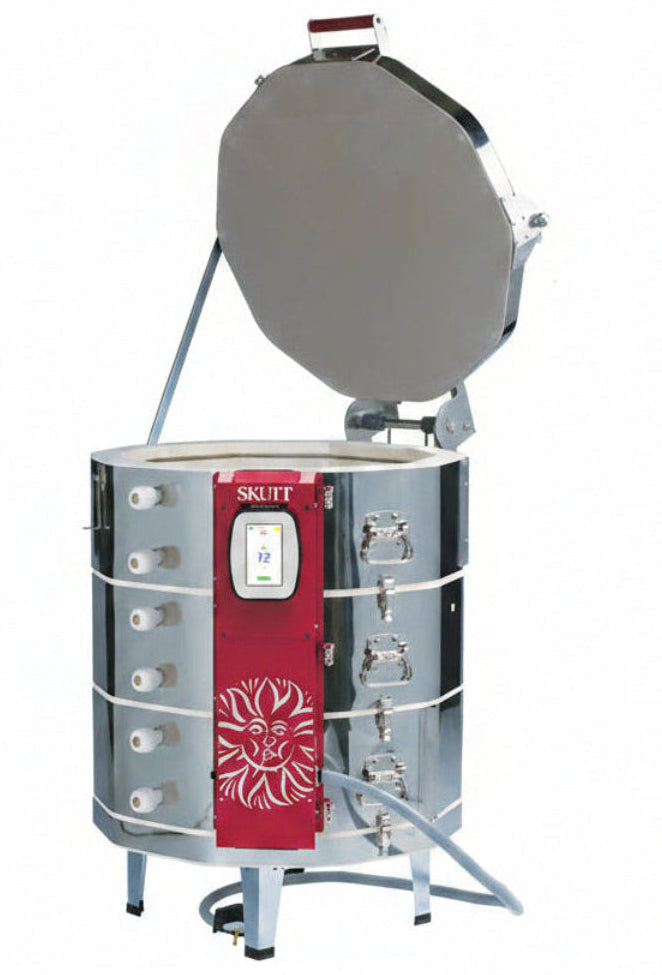 SKUTT KMT-1027-3 kiln with its lid open and a touchscreen controller, set against a plain white background.